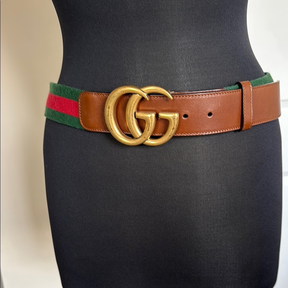 Gucci Brown Leather and Canvas Belt with Gold Buckle